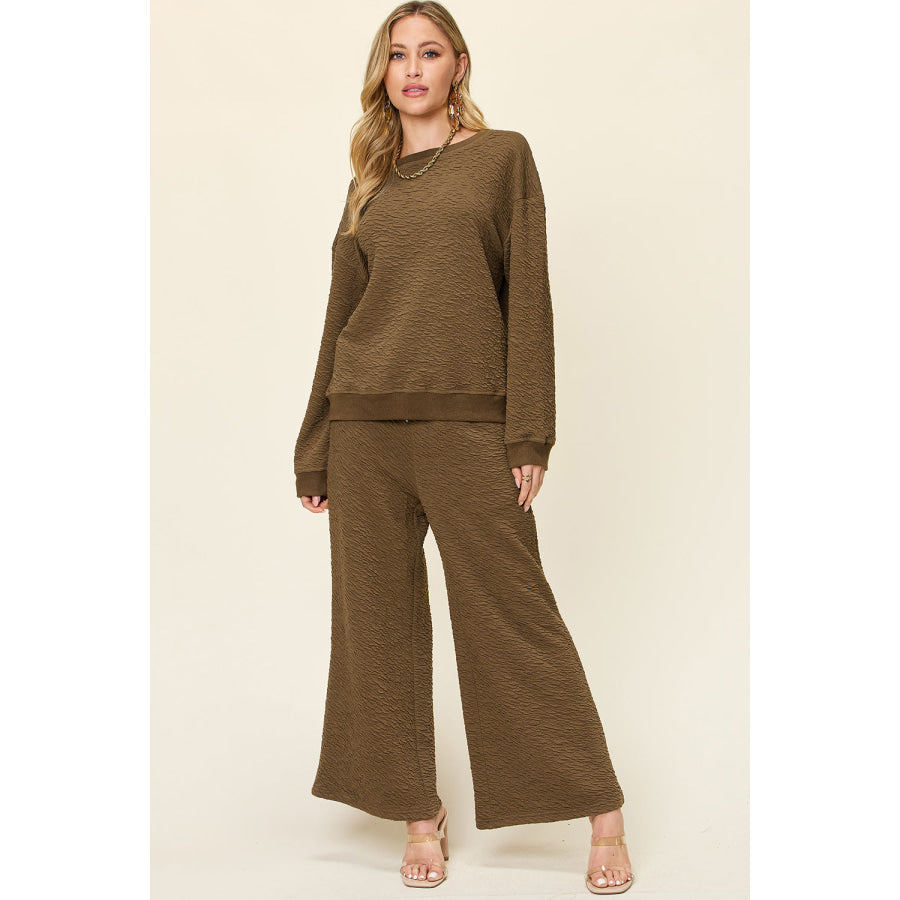 Double Take Full Size Texture Long Sleeve Top and Pants Set Taupe / S Apparel and Accessories