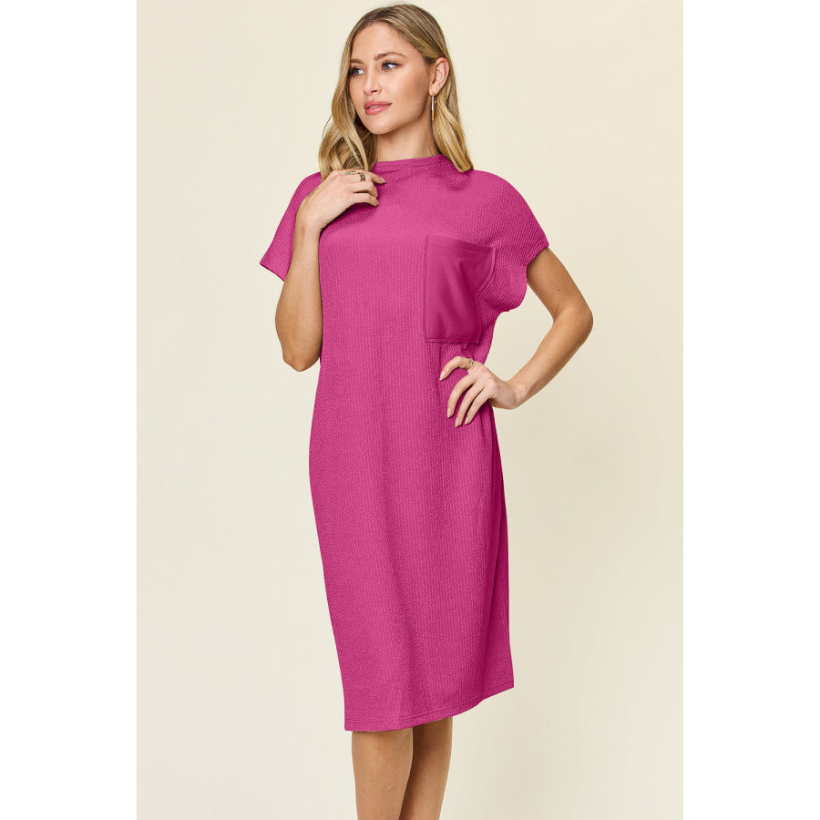 Double Take Full Size Texture Mock Neck Short Sleeve Dress Hot Pink / S Apparel and Accessories