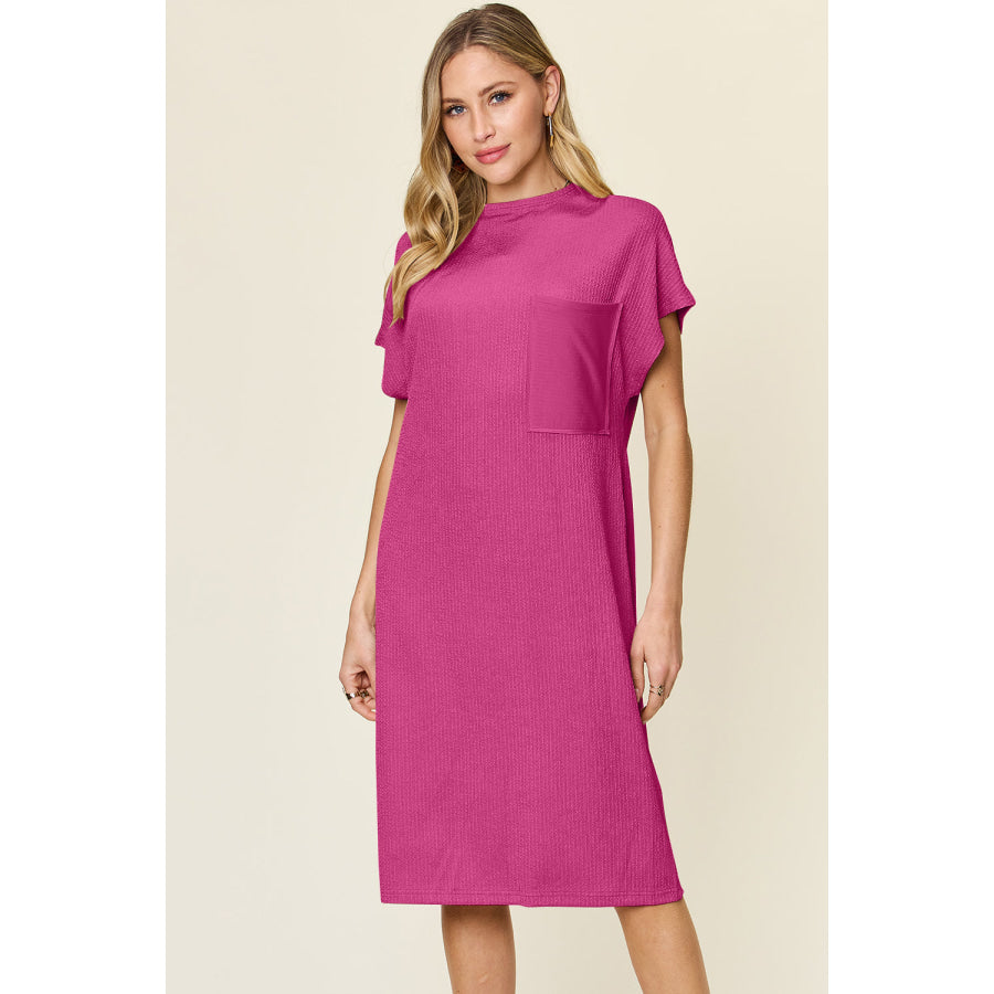 Double Take Full Size Texture Mock Neck Short Sleeve Dress Hot Pink / S Apparel and Accessories