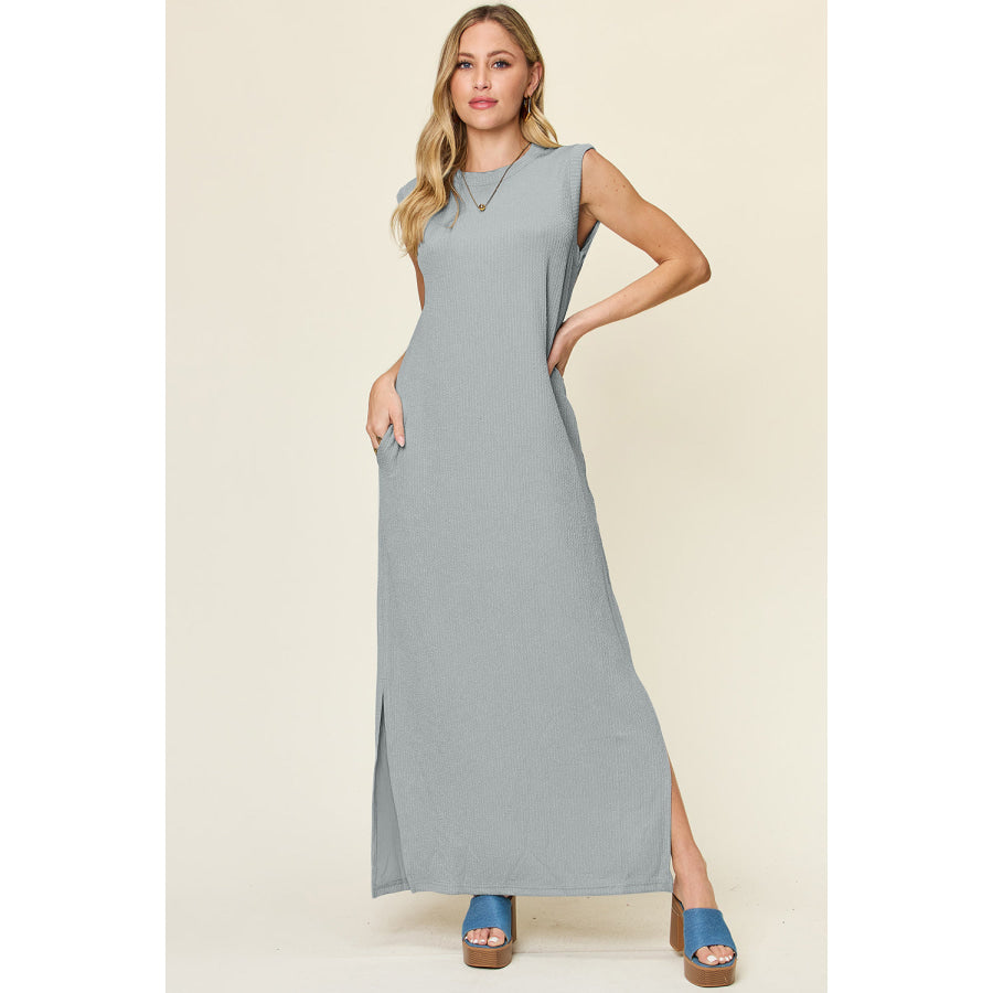 Double Take Full Size Texture Mock Neck Sleeveless Maxi Dress Cloudy Blue / S Apparel and Accessories