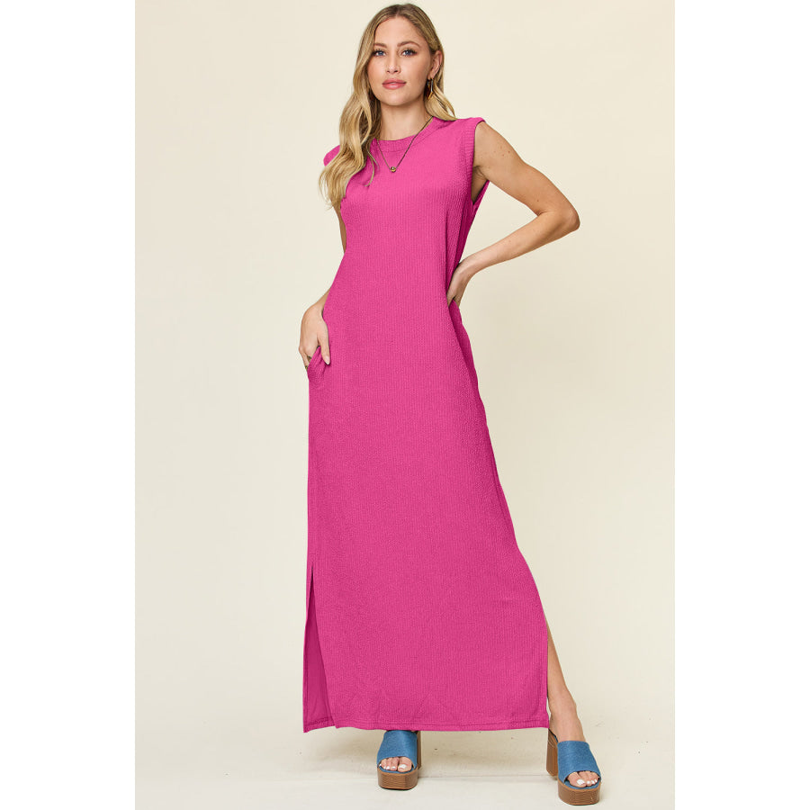 Double Take Full Size Texture Mock Neck Sleeveless Maxi Dress Hot Pink / S Apparel and Accessories