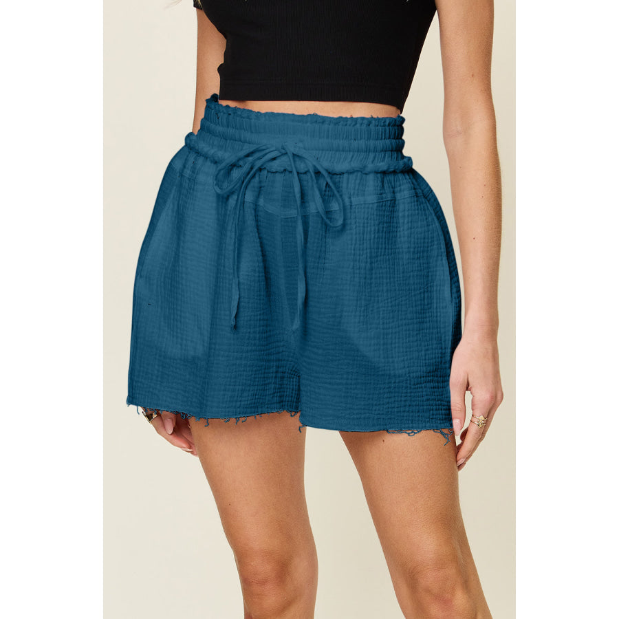 Double Take Full Size Texture Raw Trim Drawstring Shorts Apparel and Accessories