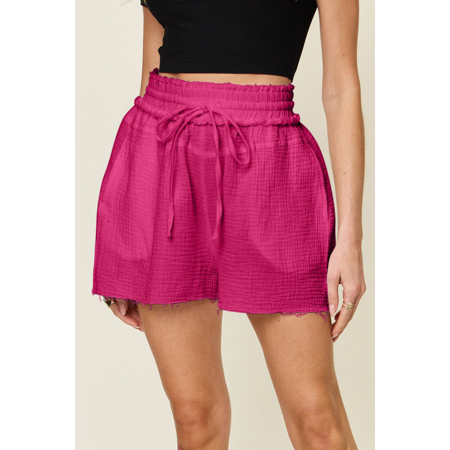 Double Take Full Size Texture Raw Trim Drawstring Shorts Apparel and Accessories