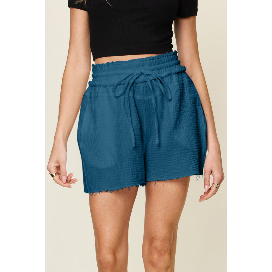 Double Take Full Size Texture Raw Trim Drawstring Shorts Dark Blue / S Apparel and Accessories