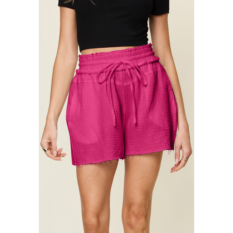 Double Take Full Size Texture Raw Trim Drawstring Shorts Hot Pink / S Apparel and Accessories