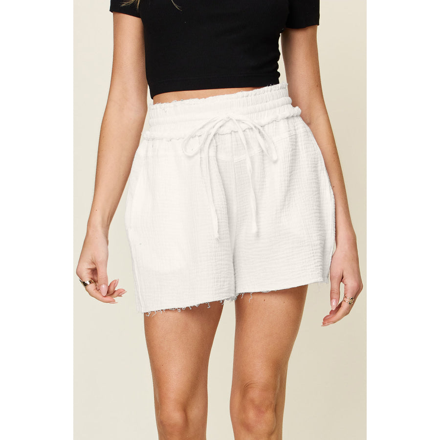 Double Take Full Size Texture Raw Trim Drawstring Shorts White / S Apparel and Accessories