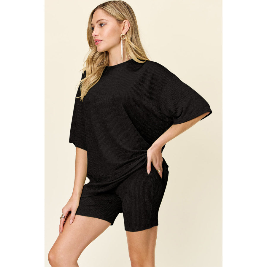 Double Take Full Size Texture Round Neck Drop Shoulder T-Shirt and Shorts Set Apparel and Accessories