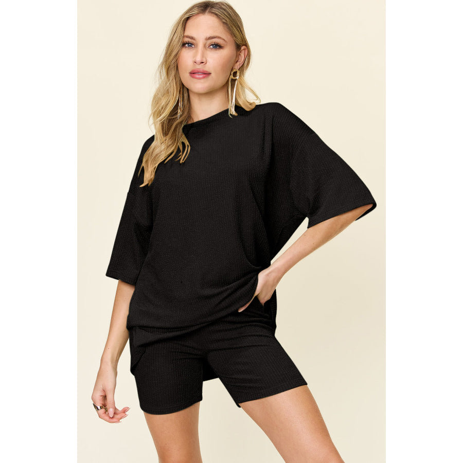 Double Take Full Size Texture Round Neck Drop Shoulder T-Shirt and Shorts Set Black / S Apparel and Accessories