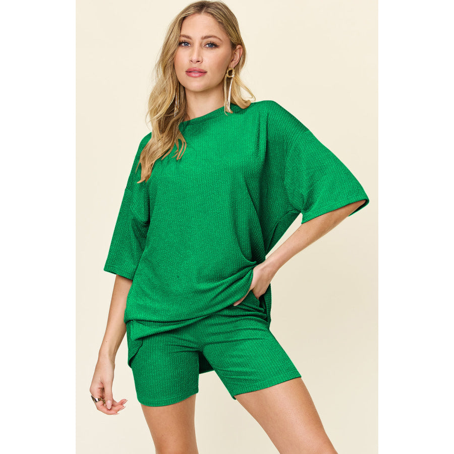 Double Take Full Size Texture Round Neck Drop Shoulder T-Shirt and Shorts Set Mid Green / S Apparel and Accessories