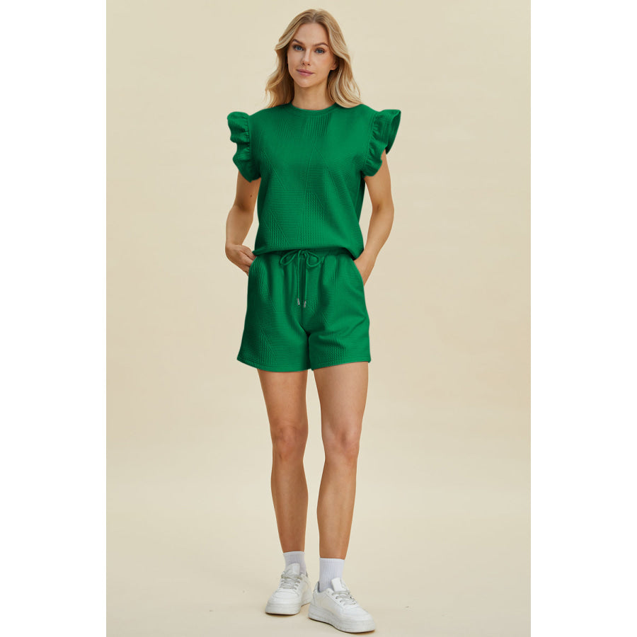 Double Take Full Size Texture Round Neck Ruffle Sleeve Top and Shorts Set Apparel and Accessories