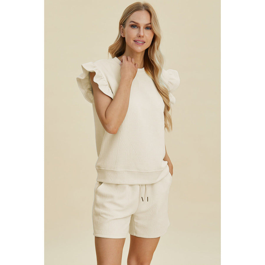 Double Take Full Size Texture Round Neck Ruffle Sleeve Top and Shorts Set Apparel and Accessories