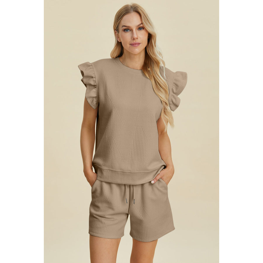 Double Take Full Size Texture Round Neck Ruffle Sleeve Top and Shorts Set Apparel and Accessories