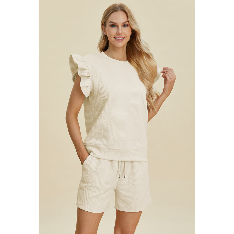 Double Take Full Size Texture Round Neck Ruffle Sleeve Top and Shorts Set Apparel and Accessories