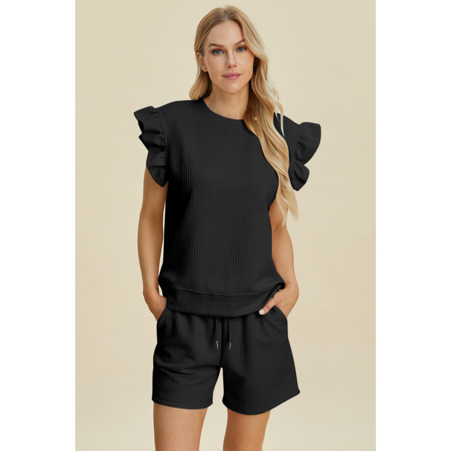 Double Take Full Size Texture Round Neck Ruffle Sleeve Top and Shorts Set Black / 2XL Apparel and Accessories