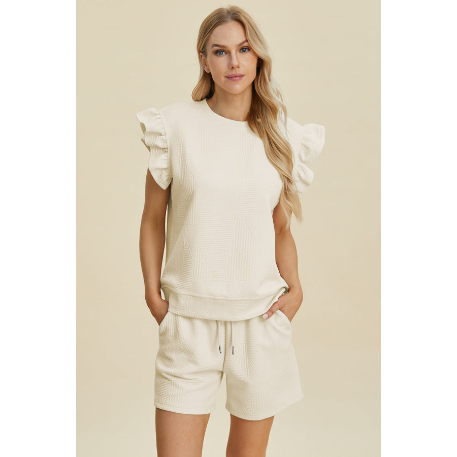 Double Take Full Size Texture Round Neck Ruffle Sleeve Top and Shorts Set Cream / S Apparel and Accessories