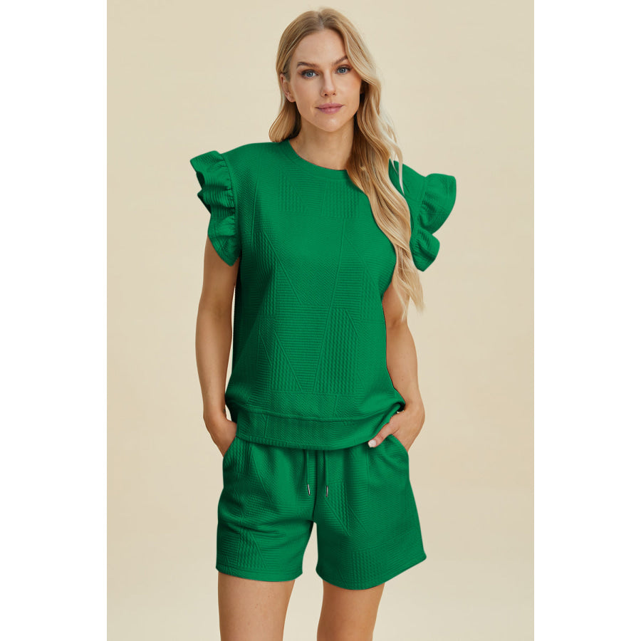 Double Take Full Size Texture Round Neck Ruffle Sleeve Top and Shorts Set Dark Green / S Apparel and Accessories