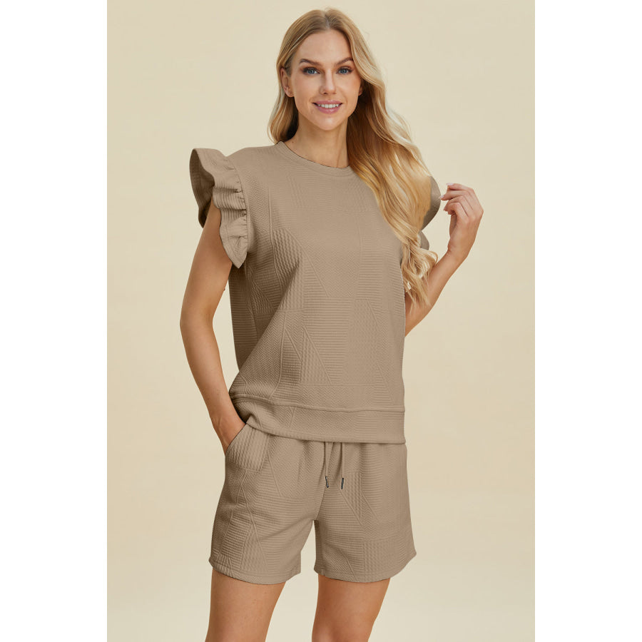 Double Take Full Size Texture Round Neck Ruffle Sleeve Top and Shorts Set Khaki / S Apparel and Accessories