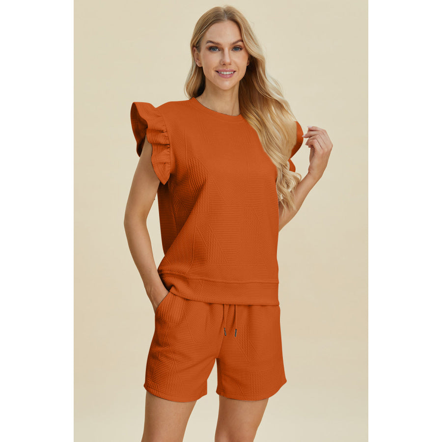 Double Take Full Size Texture Round Neck Ruffle Sleeve Top and Shorts Set Tangerine / 3XL Apparel and Accessories