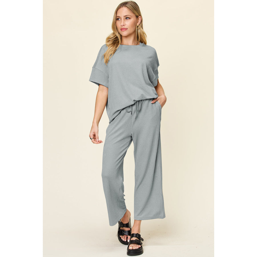 Double Take Full Size Texture Round Neck Short Sleeve T-Shirt and Wide Leg Pants Apparel and Accessories