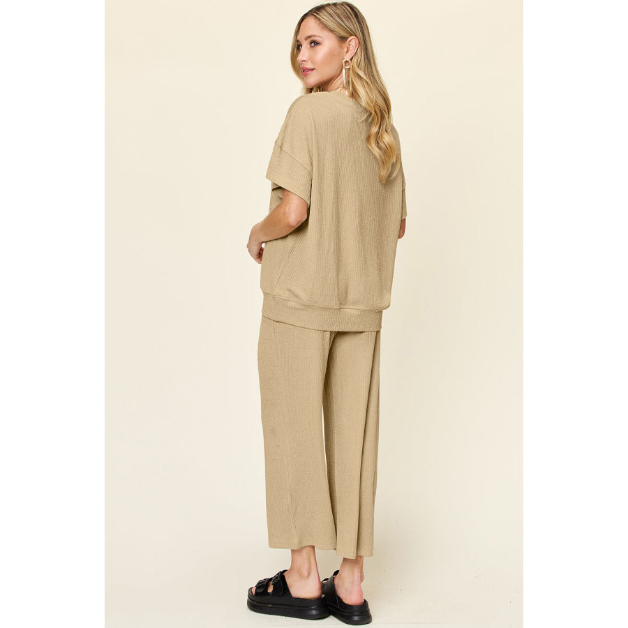 Double Take Full Size Texture Round Neck Short Sleeve T-Shirt and Wide Leg Pants Apparel and Accessories