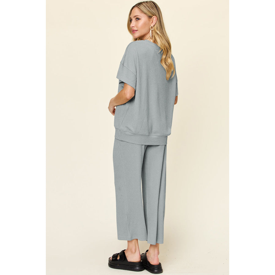 Double Take Full Size Texture Round Neck Short Sleeve T-Shirt and Wide Leg Pants Apparel and Accessories