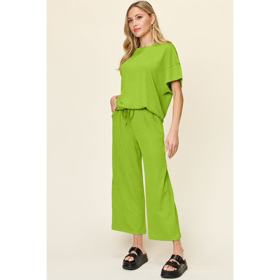 Double Take Full Size Texture Round Neck Short Sleeve T-Shirt and Wide Leg Pants Apparel and Accessories