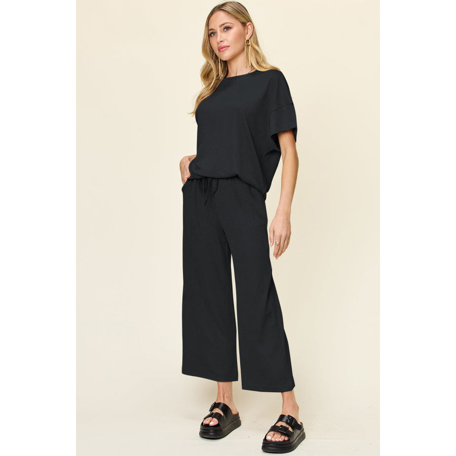 Double Take Full Size Texture Round Neck Short Sleeve T-Shirt and Wide Leg Pants Apparel and Accessories