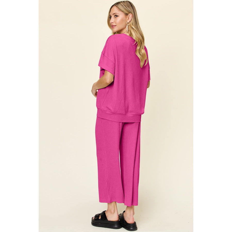 Double Take Full Size Texture Round Neck Short Sleeve T-Shirt and Wide Leg Pants Hot Pink / S Apparel and Accessories