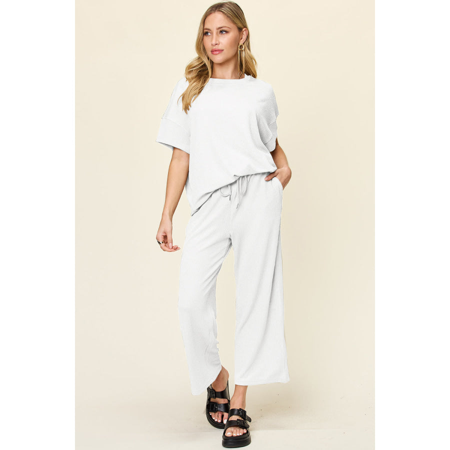 Double Take Full Size Texture Round Neck Short Sleeve T-Shirt and Wide Leg Pants Apparel and Accessories