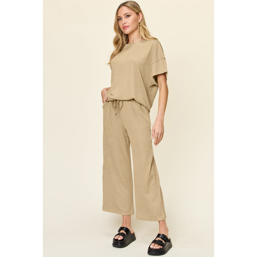 Double Take Full Size Texture Round Neck Short Sleeve T-Shirt and Wide Leg Pants Apparel and Accessories