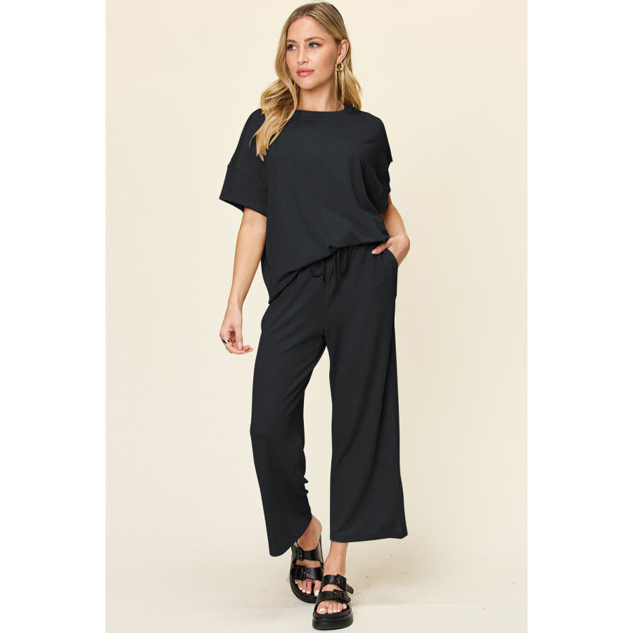 Double Take Full Size Texture Round Neck Short Sleeve T-Shirt and Wide Leg Pants Black / S Apparel and Accessories