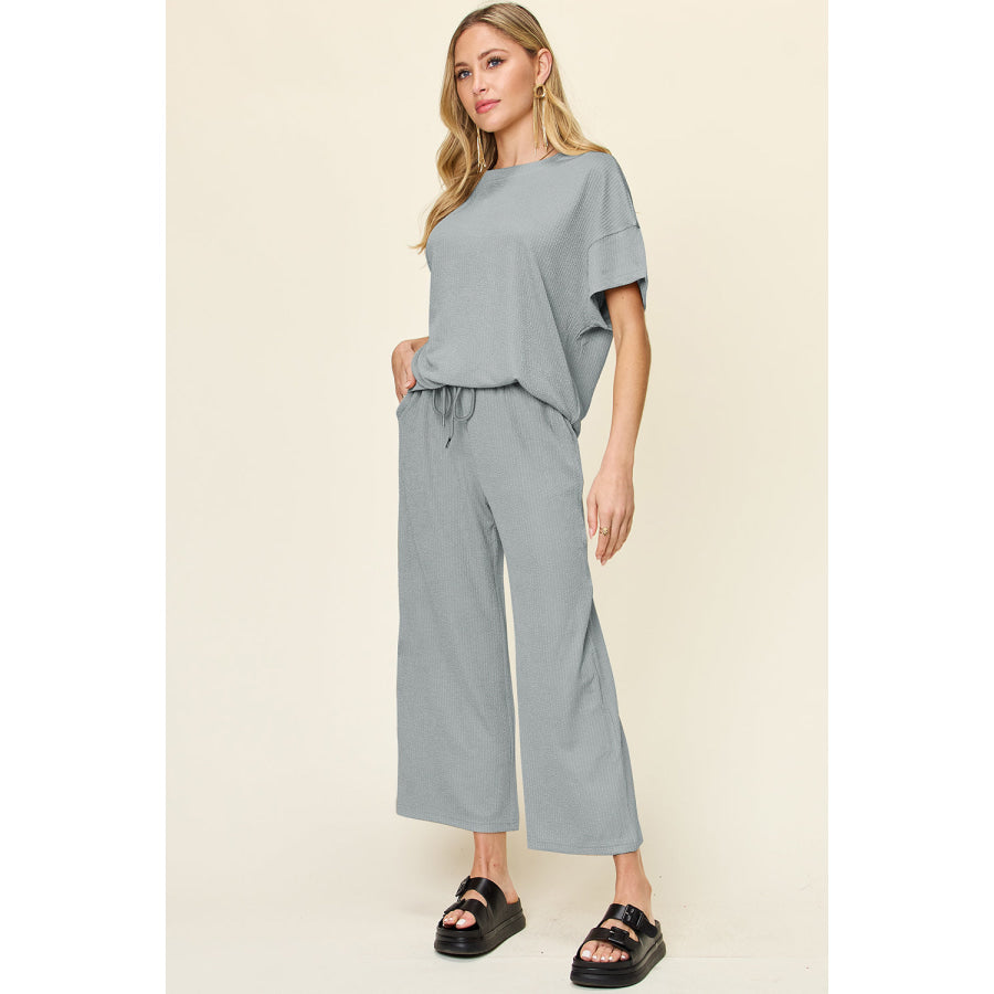 Double Take Full Size Texture Round Neck Short Sleeve T-Shirt and Wide Leg Pants Cloudy Blue / S Apparel and Accessories