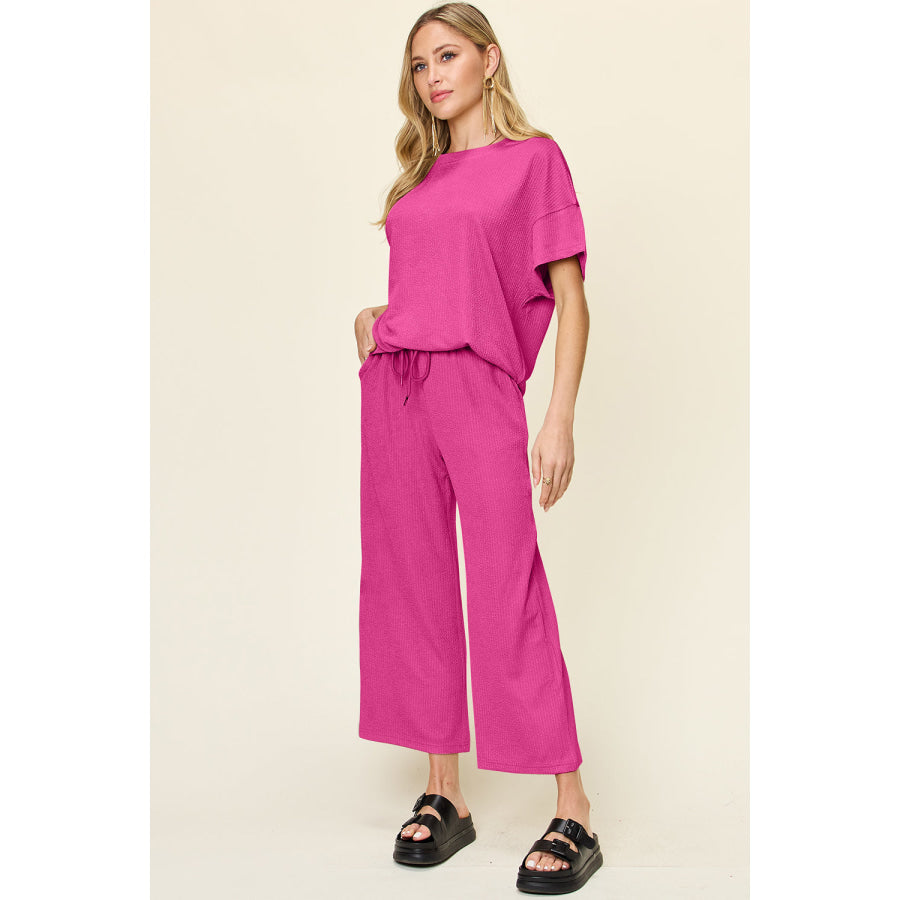 Double Take Full Size Texture Round Neck Short Sleeve T-Shirt and Wide Leg Pants Hot Pink / S Apparel and Accessories