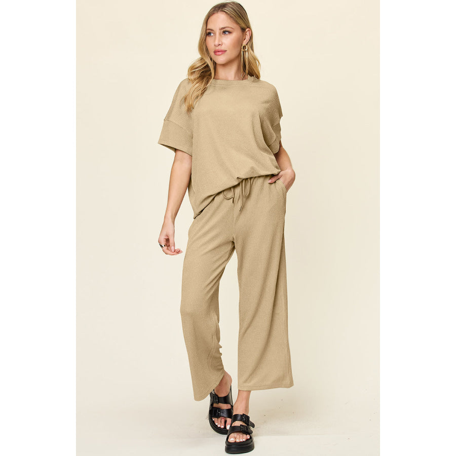 Double Take Full Size Texture Round Neck Short Sleeve T-Shirt and Wide Leg Pants Khaki / S Apparel and Accessories