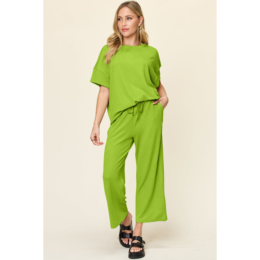 Double Take Full Size Texture Round Neck Short Sleeve T-Shirt and Wide Leg Pants Lime / S Apparel and Accessories