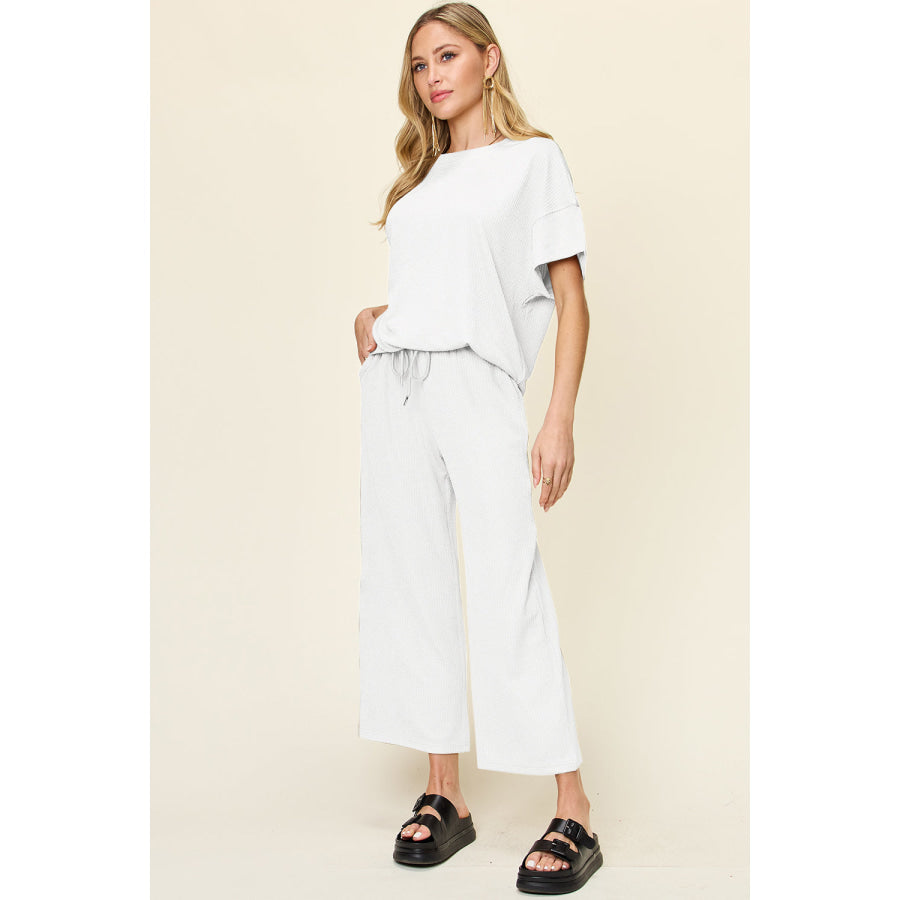 Double Take Full Size Texture Round Neck Short Sleeve T-Shirt and Wide Leg Pants White / S Apparel and Accessories