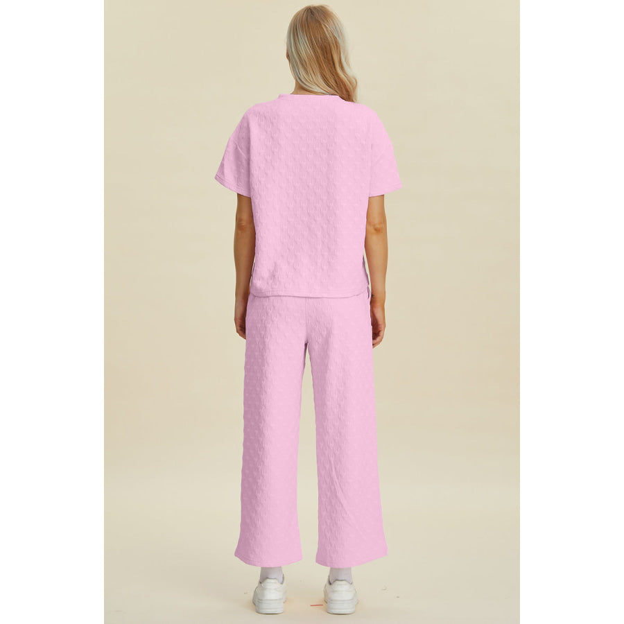 Double Take Full Size Texture Round Neck Short Sleeve Top and Pants Set Pink / S Apparel and Accessories