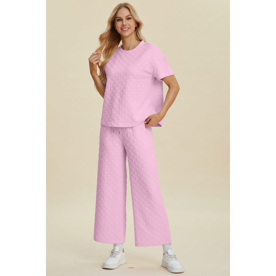 Double Take Full Size Texture Round Neck Short Sleeve Top and Pants Set Apparel and Accessories