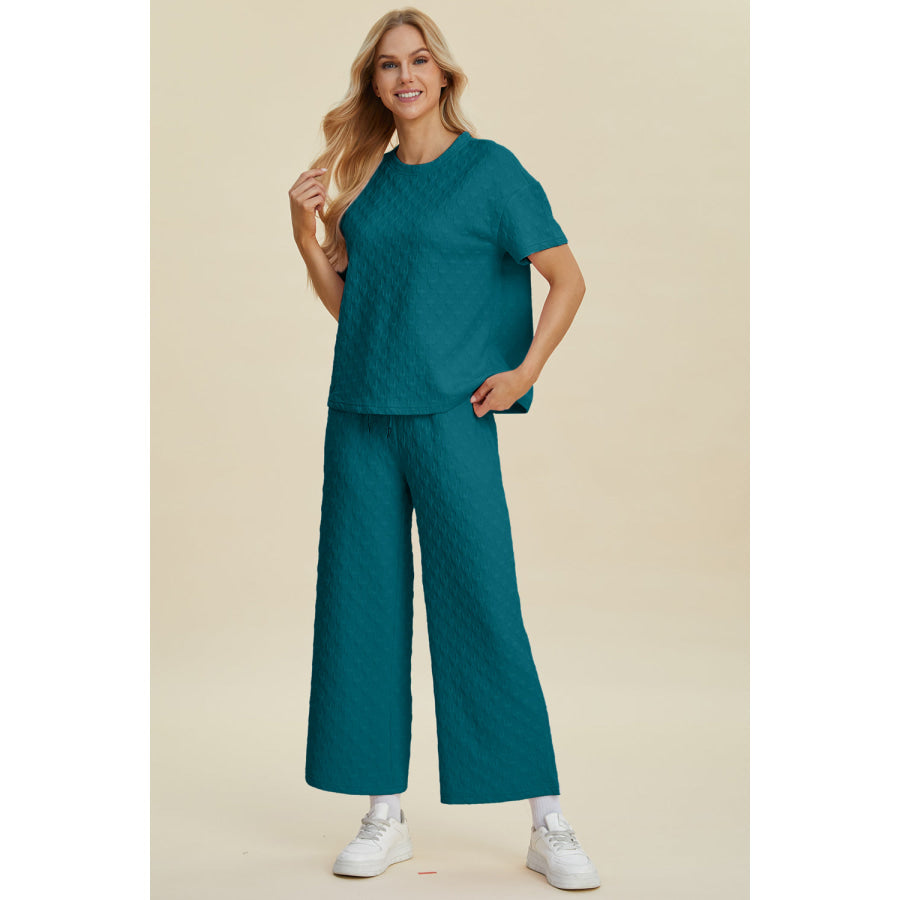 Double Take Full Size Texture Round Neck Short Sleeve Top and Pants Set Apparel and Accessories