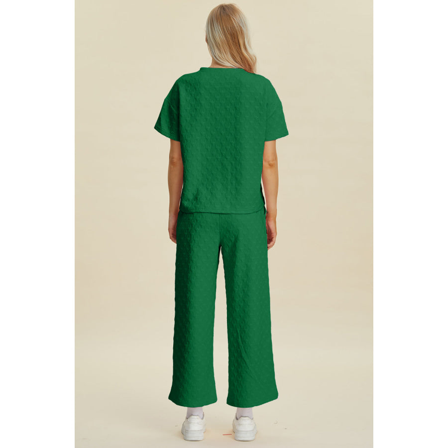 Double Take Full Size Texture Round Neck Short Sleeve Top and Pants Set Apparel and Accessories