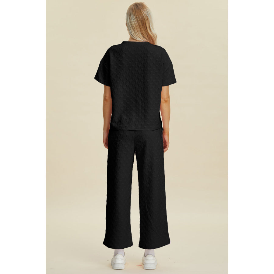 Double Take Full Size Texture Round Neck Short Sleeve Top and Pants Set Apparel and Accessories