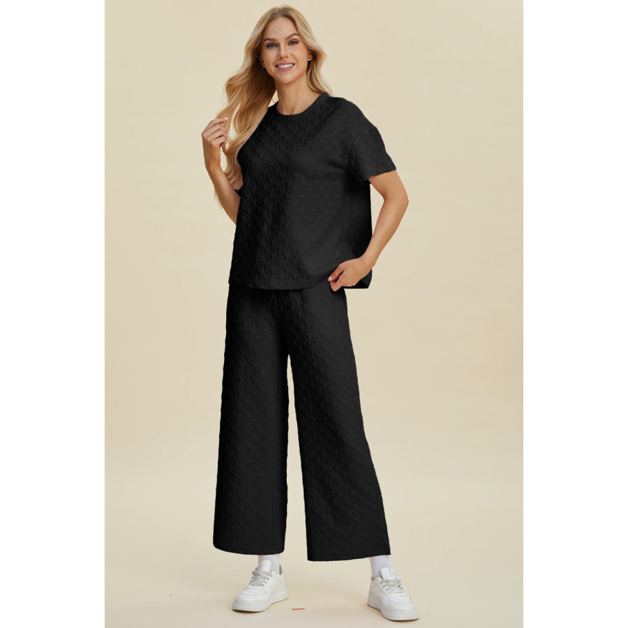 Double Take Full Size Texture Round Neck Short Sleeve Top and Pants Set Apparel and Accessories