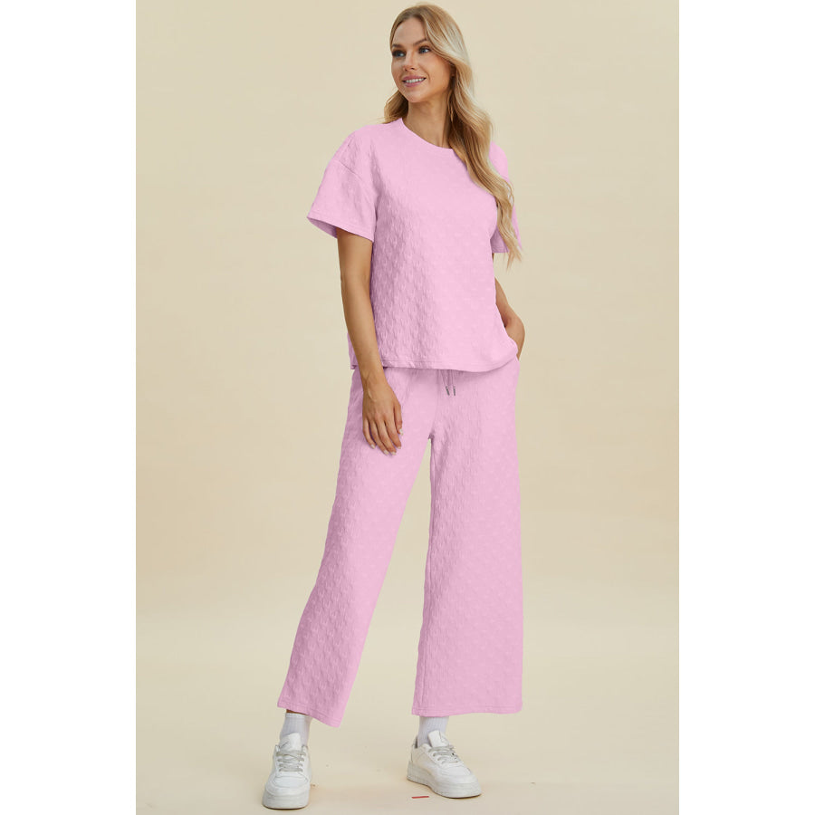 Double Take Full Size Texture Round Neck Short Sleeve Top and Pants Set Apparel and Accessories