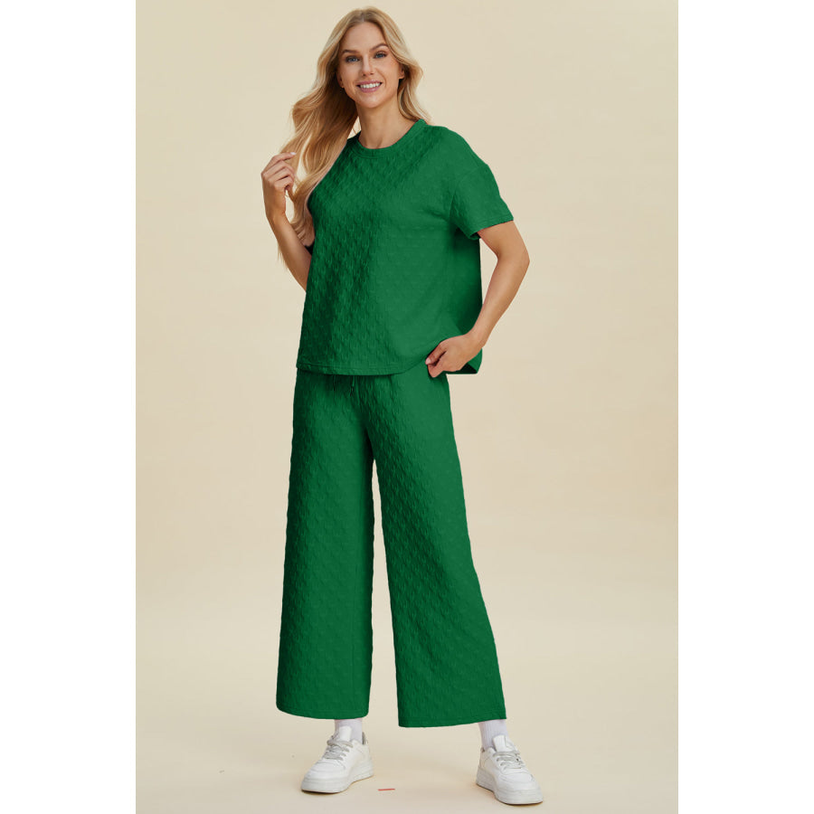 Double Take Full Size Texture Round Neck Short Sleeve Top and Pants Set Apparel and Accessories