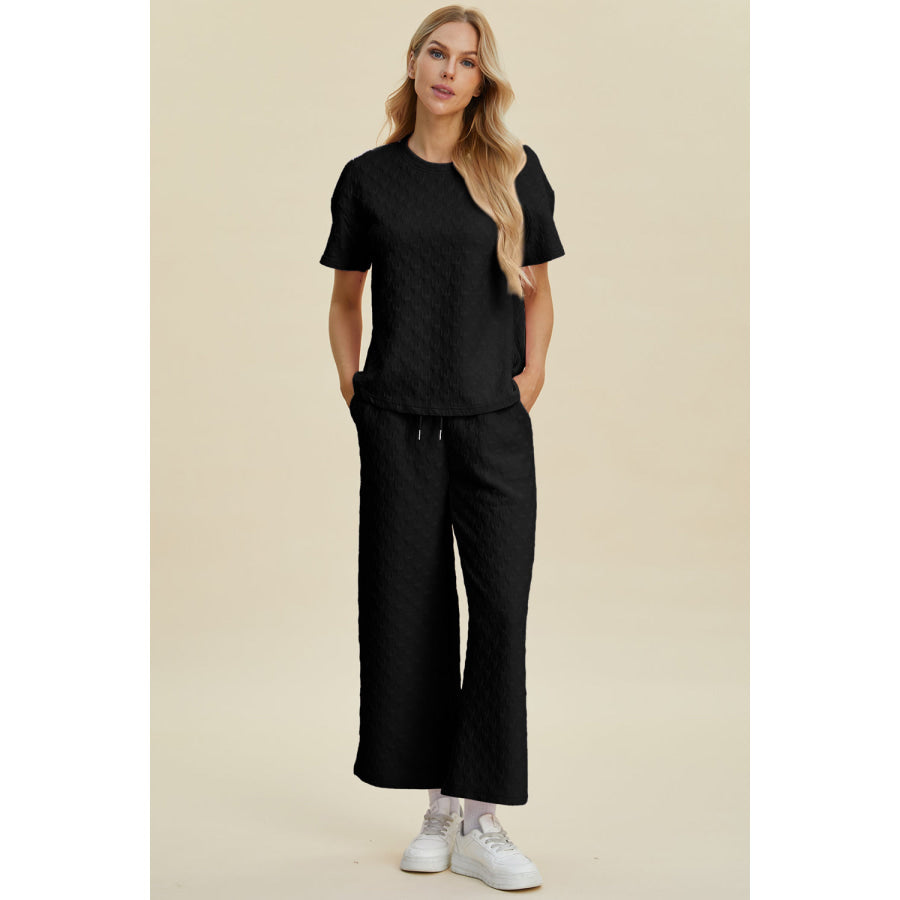 Double Take Full Size Texture Round Neck Short Sleeve Top and Pants Set Black / S Apparel and Accessories