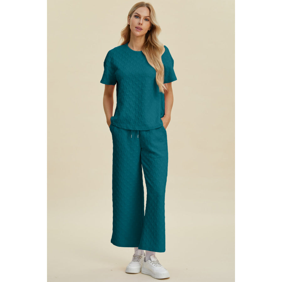 Double Take Full Size Texture Round Neck Short Sleeve Top and Pants Set Cerulean / S Apparel and Accessories