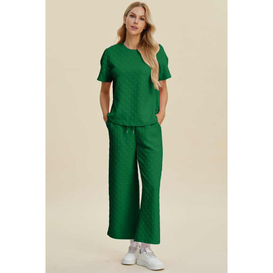 Double Take Full Size Texture Round Neck Short Sleeve Top and Pants Set Dark Green / S Apparel and Accessories