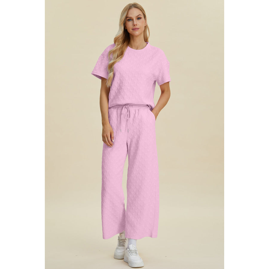 Double Take Full Size Texture Round Neck Short Sleeve Top and Pants Set Pink / S Apparel and Accessories