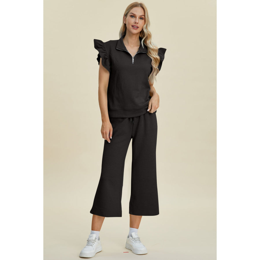 Double Take Full Size Texture Ruffle Short Sleeve Top and Wide Leg Pants Set Apparel and Accessories