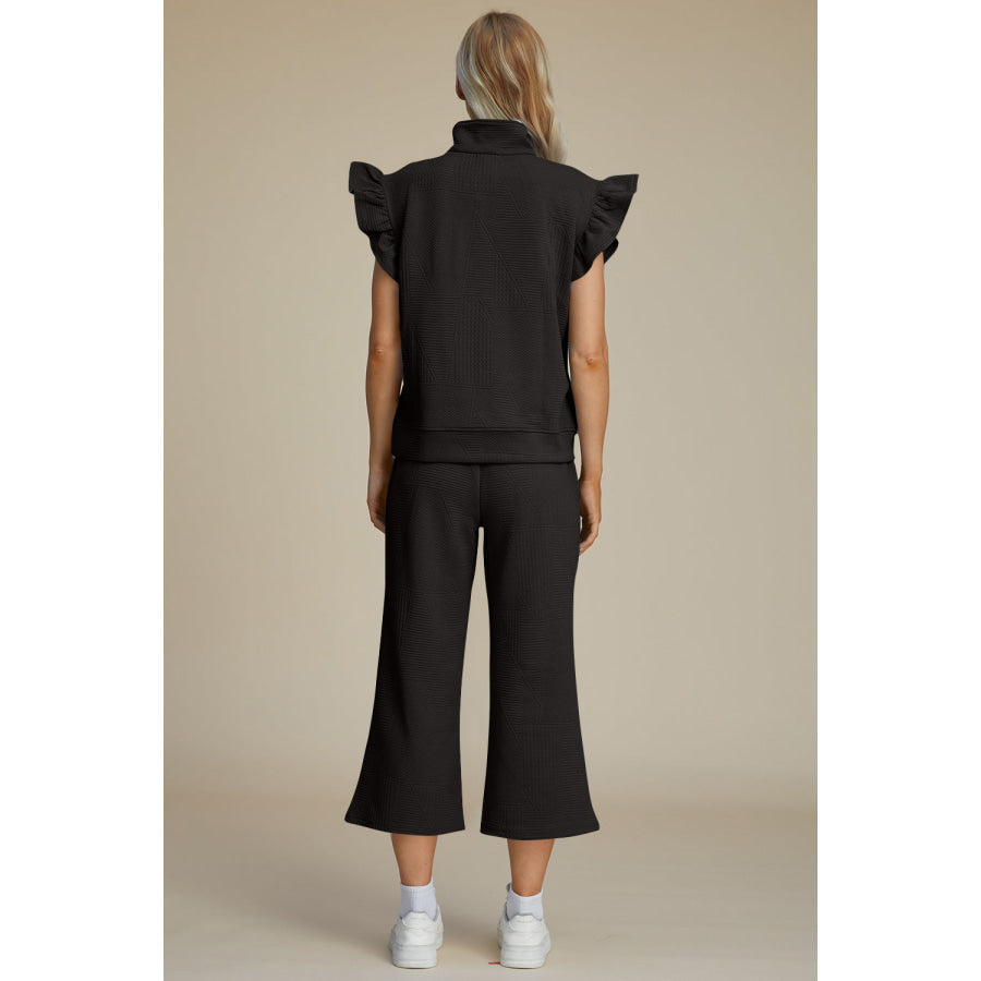 Double Take Full Size Texture Ruffle Short Sleeve Top and Wide Leg Pants Set Apparel and Accessories